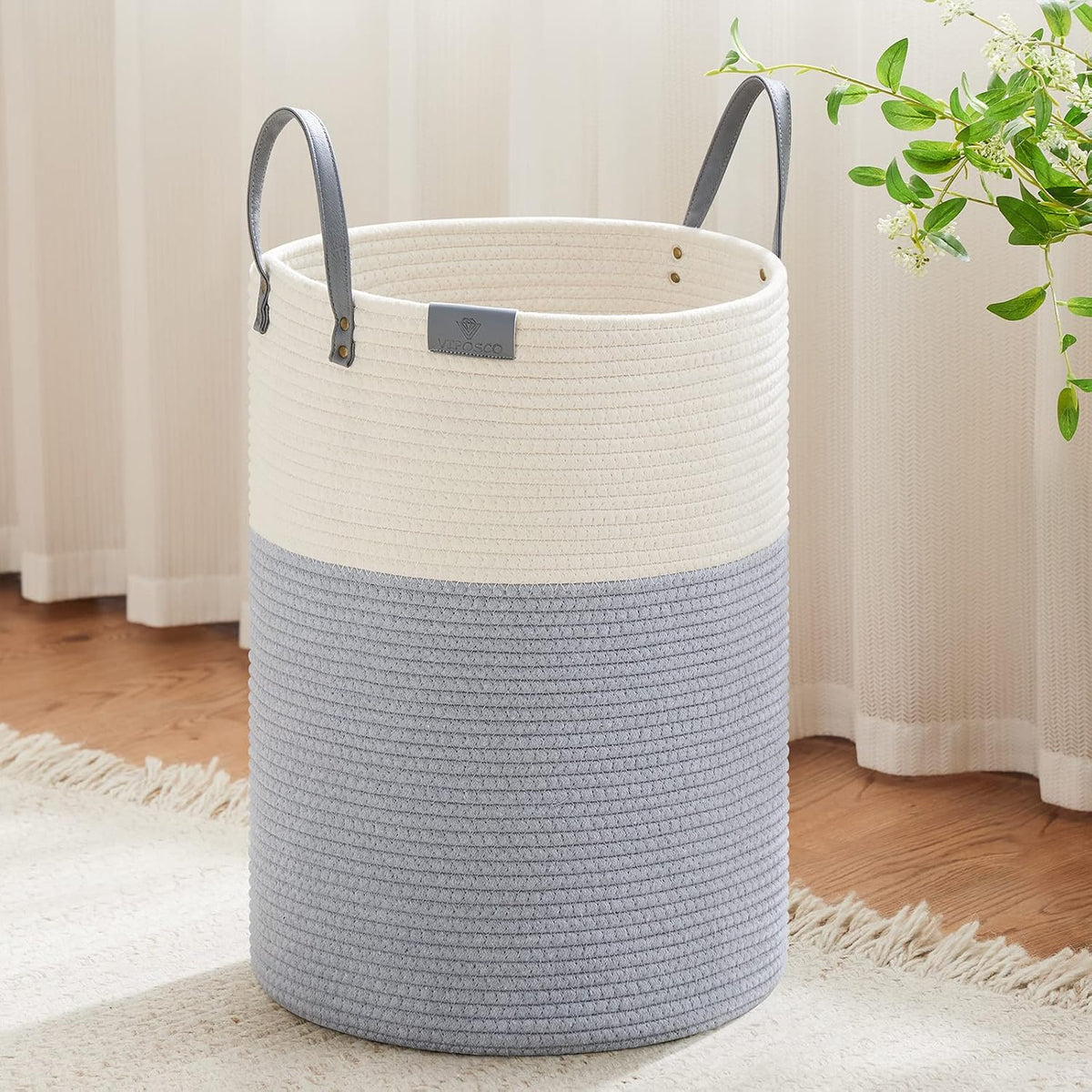 Tall Laundry Basket, Large Dirty Clothes Hamper with Leather Handle, Woven Rope Storage Basket for Blanket, Toy In Living Room, Bathroom, Bedroom - 58L White & Brown