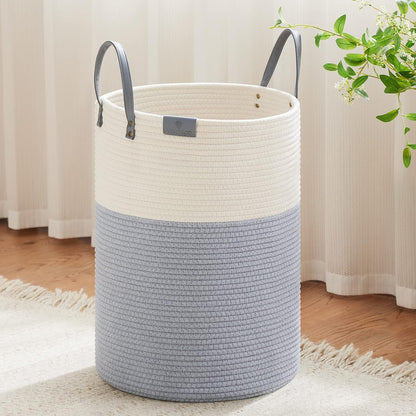 Tall Laundry Basket, Large Dirty Clothes Hamper with Leather Handle, Woven Rope Storage Basket for Blanket, Toy In Living Room, Bathroom, Bedroom - 58L White & Brown