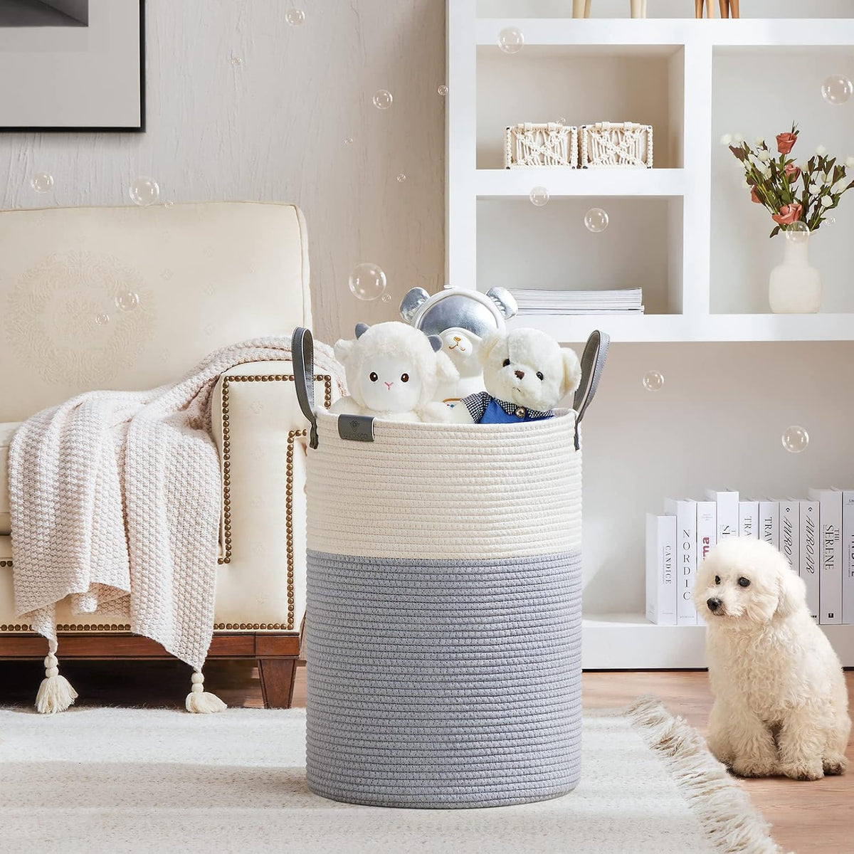 Tall Laundry Basket, Large Dirty Clothes Hamper with Leather Handle, Woven Rope Storage Basket for Blanket, Toy In Living Room, Bathroom, Bedroom - 58L White & Brown