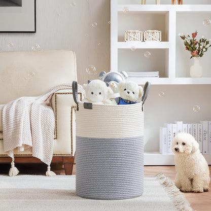 Tall Laundry Basket, Large Dirty Clothes Hamper with Leather Handle, Woven Rope Storage Basket for Blanket, Toy In Living Room, Bathroom, Bedroom - 58L White & Brown