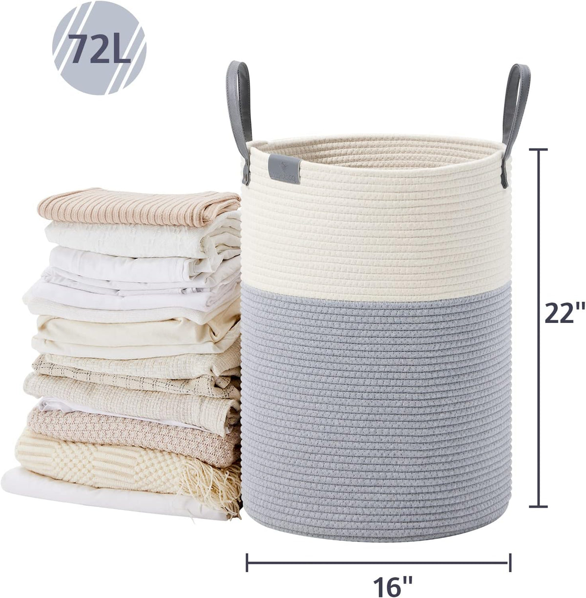 Tall Laundry Basket, Large Dirty Clothes Hamper with Leather Handle, Woven Rope Storage Basket for Blanket, Toy In Living Room, Bathroom, Bedroom - 58L White & Brown