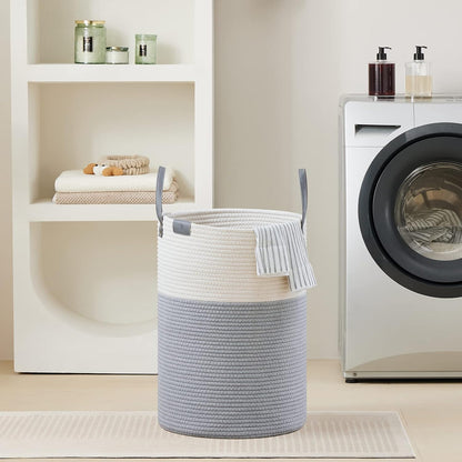 Tall Laundry Basket, Large Dirty Clothes Hamper with Leather Handle, Woven Rope Storage Basket for Blanket, Toy In Living Room, Bathroom, Bedroom - 58L White & Brown