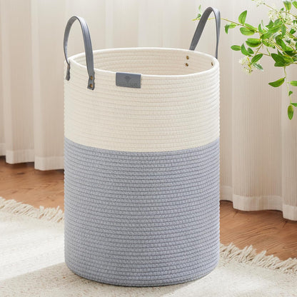 Tall Laundry Basket, Large Dirty Clothes Hamper with Leather Handle, Woven Rope Storage Basket for Blanket, Toy In Living Room, Bathroom, Bedroom - 58L White & Brown