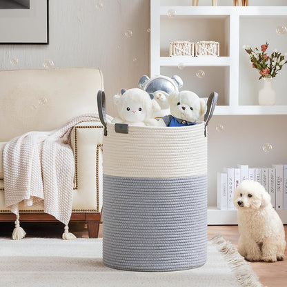 Tall Laundry Basket, Large Dirty Clothes Hamper with Leather Handle, Woven Rope Storage Basket for Blanket, Toy In Living Room, Bathroom, Bedroom - 58L White & Brown