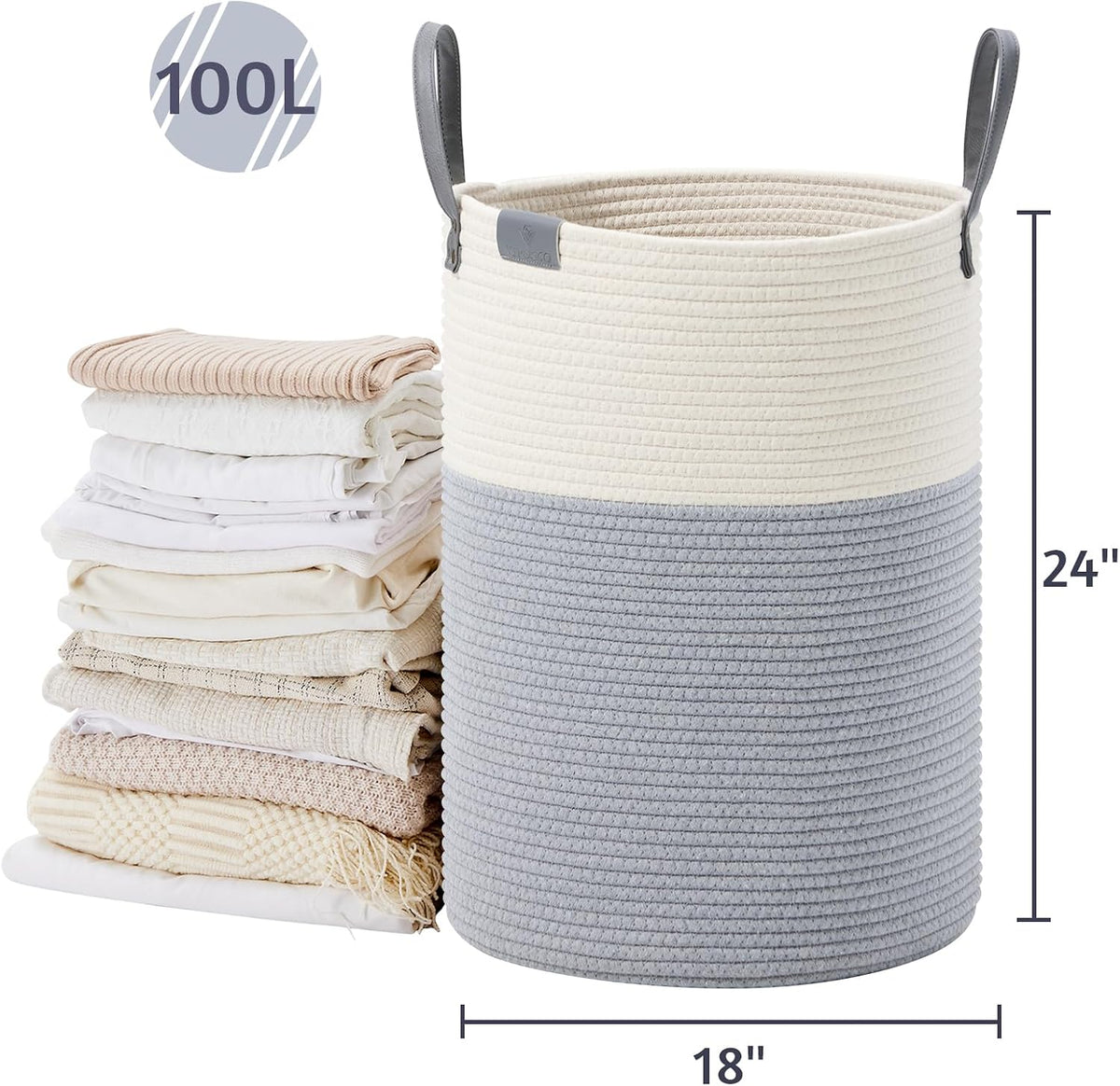 Tall Laundry Basket, Large Dirty Clothes Hamper with Leather Handle, Woven Rope Storage Basket for Blanket, Toy In Living Room, Bathroom, Bedroom - 58L White & Brown