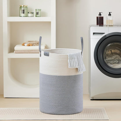 Tall Laundry Basket, Large Dirty Clothes Hamper with Leather Handle, Woven Rope Storage Basket for Blanket, Toy In Living Room, Bathroom, Bedroom - 58L White & Brown