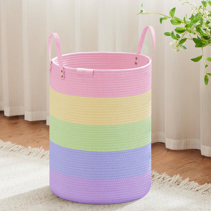 Tall Laundry Basket, Large Dirty Clothes Hamper with Leather Handle, Woven Rope Storage Basket for Blanket, Toy In Living Room, Bathroom, Bedroom - 58L White & Brown