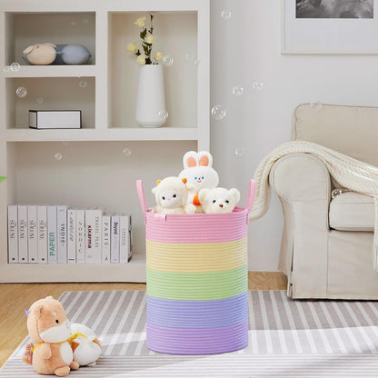 Tall Laundry Basket, Large Dirty Clothes Hamper with Leather Handle, Woven Rope Storage Basket for Blanket, Toy In Living Room, Bathroom, Bedroom - 58L White & Brown