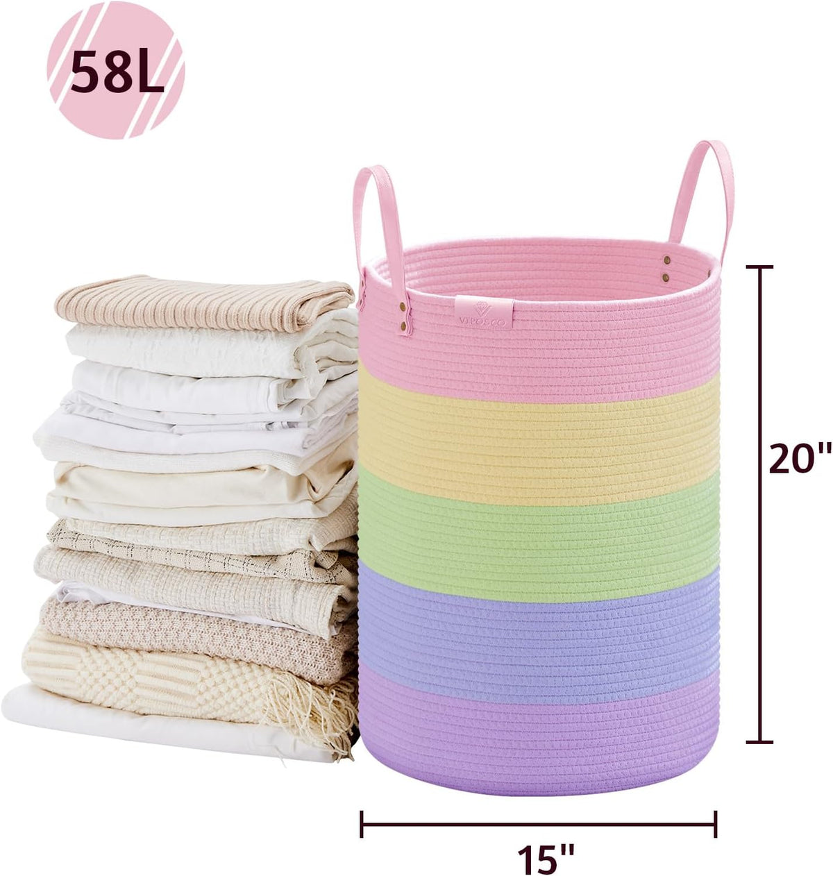 Tall Laundry Basket, Large Dirty Clothes Hamper with Leather Handle, Woven Rope Storage Basket for Blanket, Toy In Living Room, Bathroom, Bedroom - 58L White & Brown