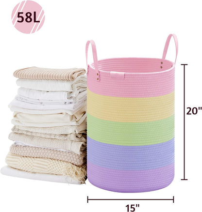 Tall Laundry Basket, Large Dirty Clothes Hamper with Leather Handle, Woven Rope Storage Basket for Blanket, Toy In Living Room, Bathroom, Bedroom - 58L White & Brown