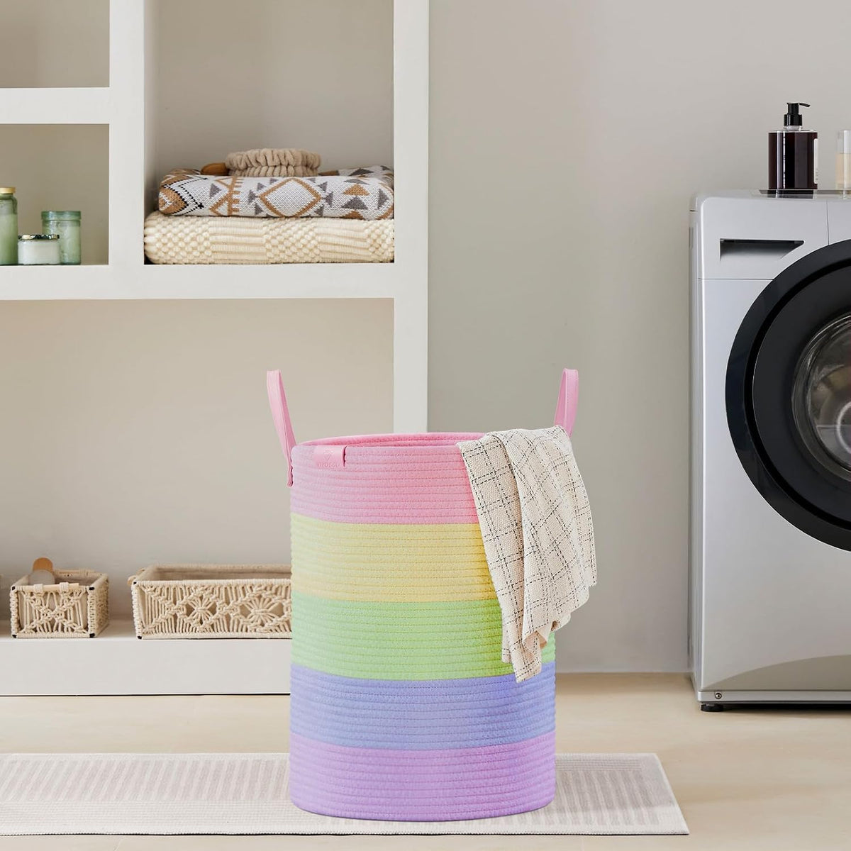 Tall Laundry Basket, Large Dirty Clothes Hamper with Leather Handle, Woven Rope Storage Basket for Blanket, Toy In Living Room, Bathroom, Bedroom - 58L White & Brown