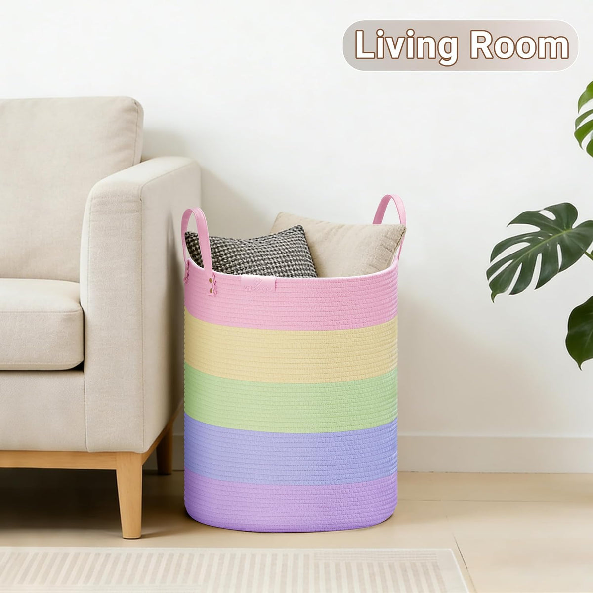 Tall Laundry Basket, Large Dirty Clothes Hamper with Leather Handle, Woven Rope Storage Basket for Blanket, Toy In Living Room, Bathroom, Bedroom - 58L White & Brown