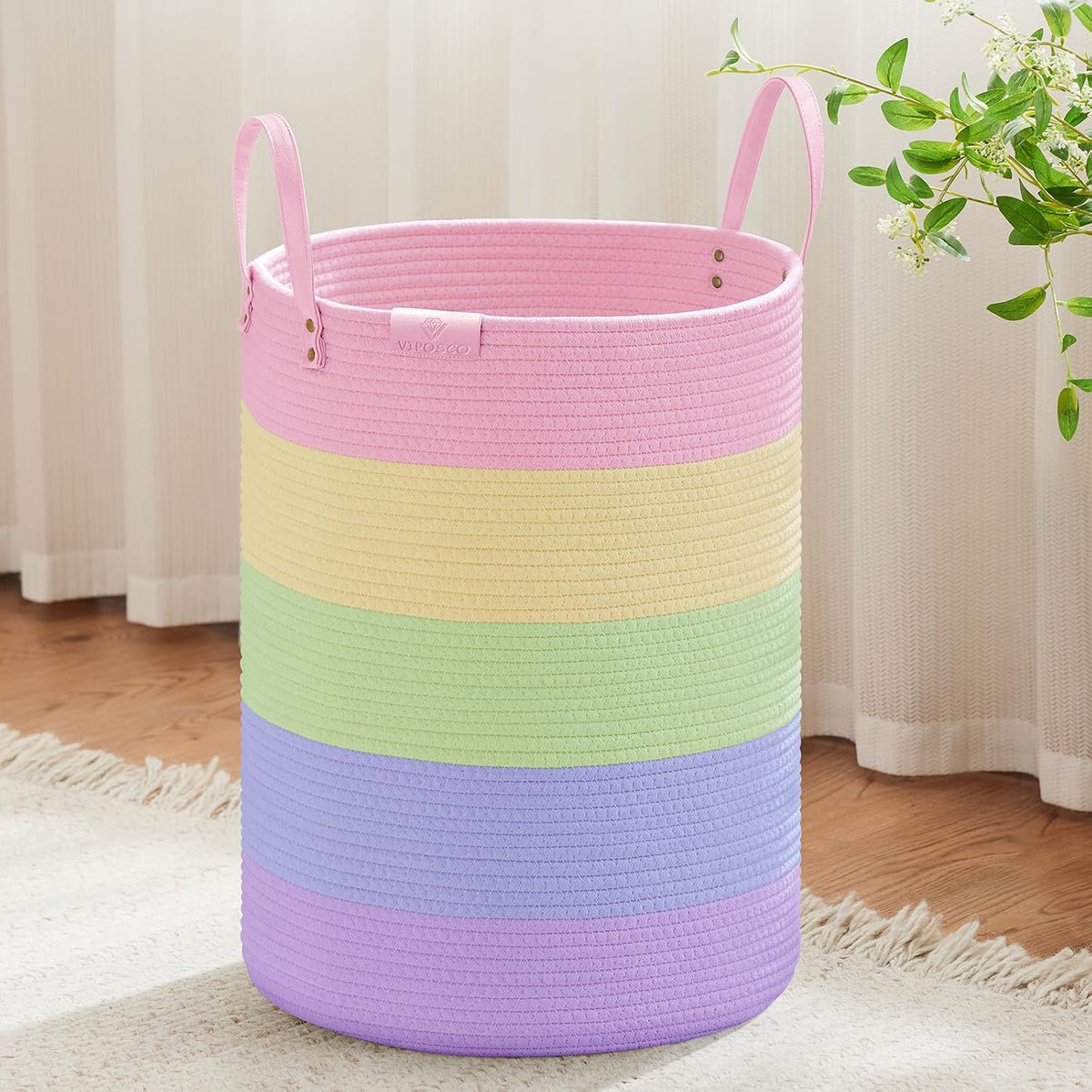 Tall Laundry Basket, Large Dirty Clothes Hamper with Leather Handle, Woven Rope Storage Basket for Blanket, Toy In Living Room, Bathroom, Bedroom - 58L White & Brown