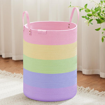 Tall Laundry Basket, Large Dirty Clothes Hamper with Leather Handle, Woven Rope Storage Basket for Blanket, Toy In Living Room, Bathroom, Bedroom - 58L White & Brown