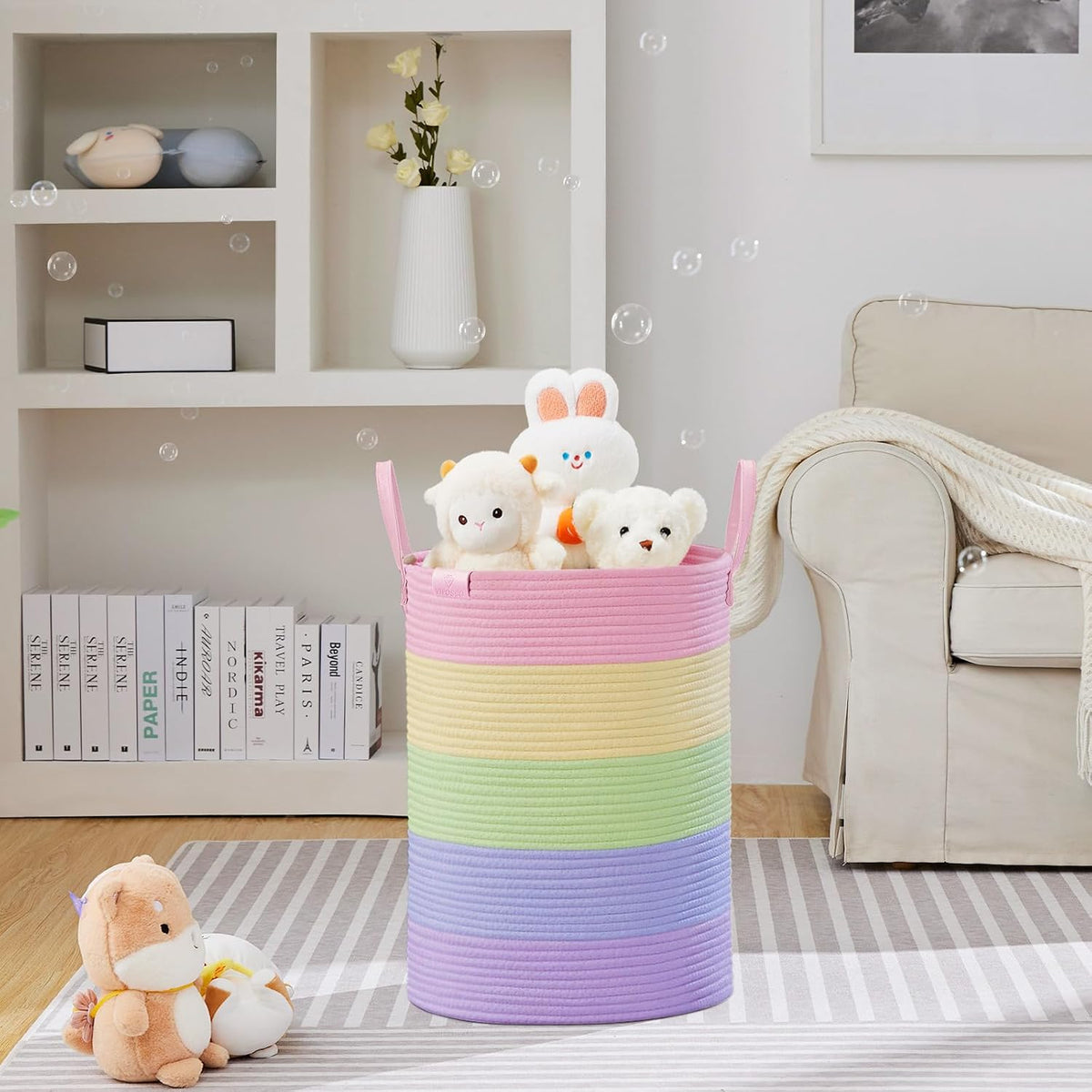 Tall Laundry Basket, Large Dirty Clothes Hamper with Leather Handle, Woven Rope Storage Basket for Blanket, Toy In Living Room, Bathroom, Bedroom - 58L White & Brown