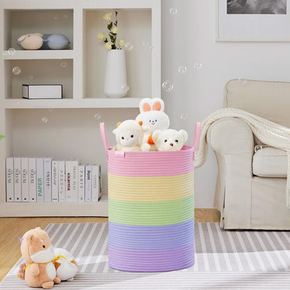 Tall Laundry Basket, Large Dirty Clothes Hamper with Leather Handle, Woven Rope Storage Basket for Blanket, Toy In Living Room, Bathroom, Bedroom - 58L White & Brown