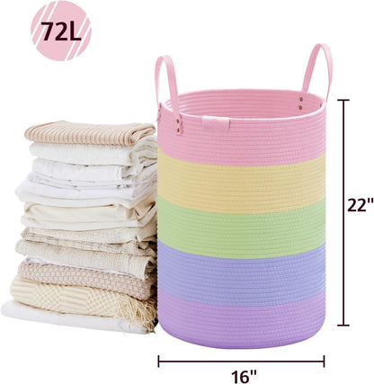 Tall Laundry Basket, Large Dirty Clothes Hamper with Leather Handle, Woven Rope Storage Basket for Blanket, Toy In Living Room, Bathroom, Bedroom - 58L White & Brown