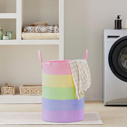 Tall Laundry Basket, Large Dirty Clothes Hamper with Leather Handle, Woven Rope Storage Basket for Blanket, Toy In Living Room, Bathroom, Bedroom - 58L White & Brown