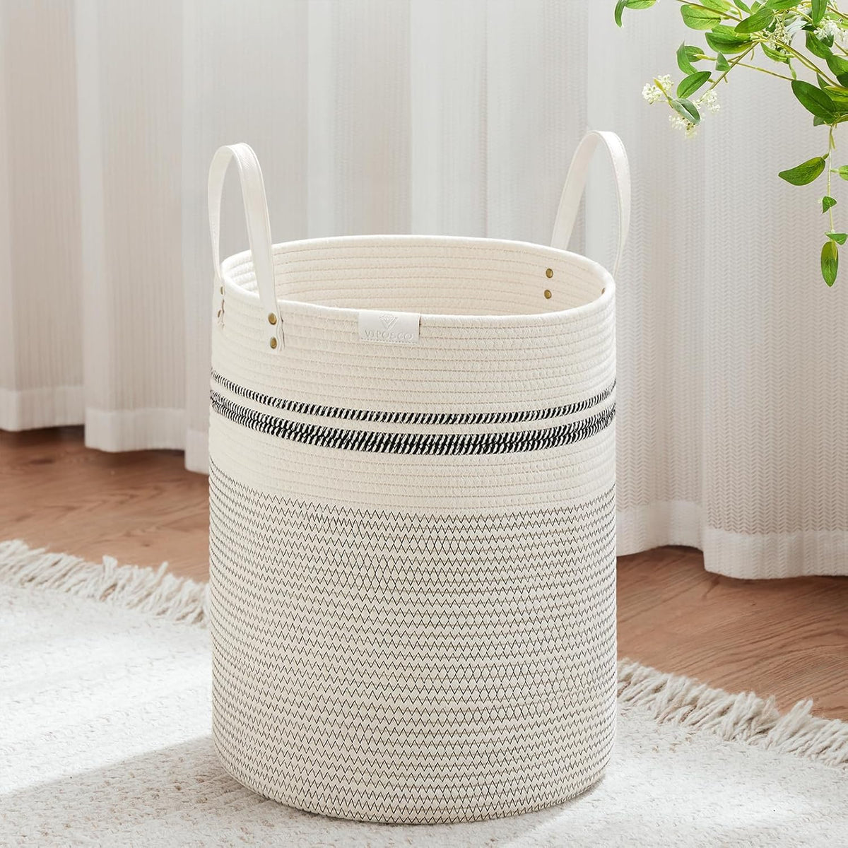 Tall Laundry Basket, Large Dirty Clothes Hamper with Leather Handle, Woven Rope Storage Basket for Blanket, Toy In Living Room, Bathroom, Bedroom - 58L White & Brown