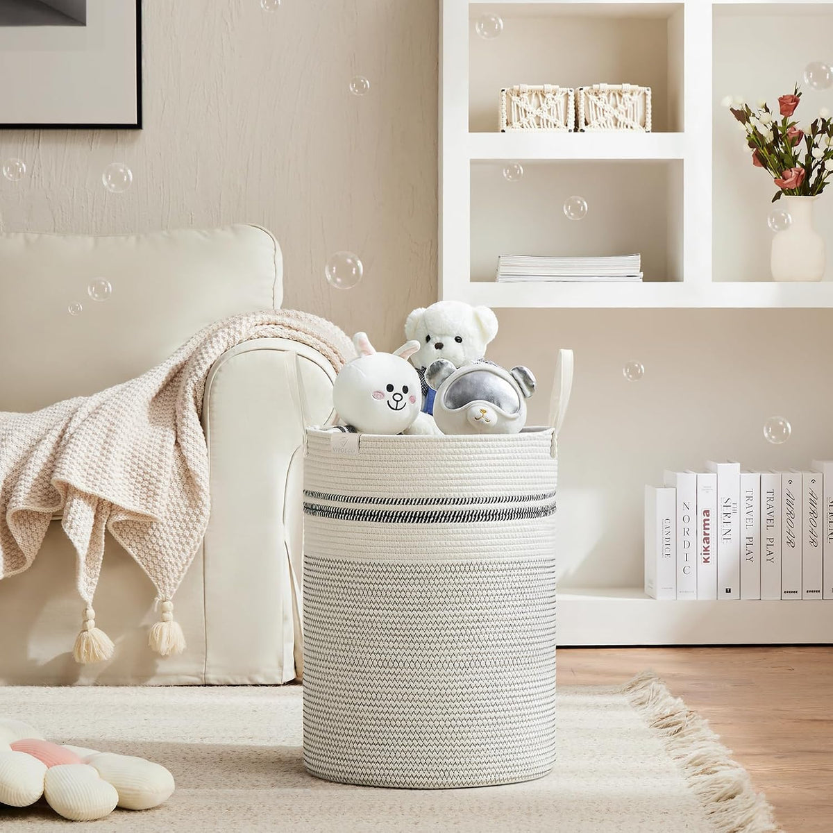 Tall Laundry Basket, Large Dirty Clothes Hamper with Leather Handle, Woven Rope Storage Basket for Blanket, Toy In Living Room, Bathroom, Bedroom - 58L White & Brown