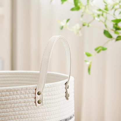 Tall Laundry Basket, Large Dirty Clothes Hamper with Leather Handle, Woven Rope Storage Basket for Blanket, Toy In Living Room, Bathroom, Bedroom - 58L White & Brown