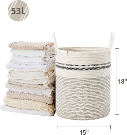 Tall Laundry Basket, Large Dirty Clothes Hamper with Leather Handle, Woven Rope Storage Basket for Blanket, Toy In Living Room, Bathroom, Bedroom - 58L White & Brown