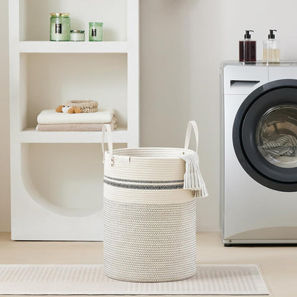 Tall Laundry Basket, Large Dirty Clothes Hamper with Leather Handle, Woven Rope Storage Basket for Blanket, Toy In Living Room, Bathroom, Bedroom - 58L White & Brown