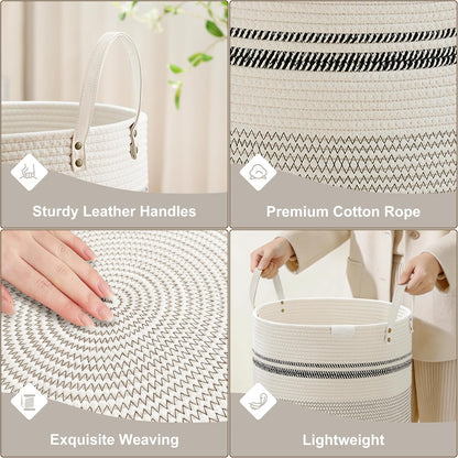 Tall Laundry Basket, Large Dirty Clothes Hamper with Leather Handle, Woven Rope Storage Basket for Blanket, Toy In Living Room, Bathroom, Bedroom - 58L White & Brown