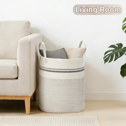 Tall Laundry Basket, Large Dirty Clothes Hamper with Leather Handle, Woven Rope Storage Basket for Blanket, Toy In Living Room, Bathroom, Bedroom - 58L White & Brown
