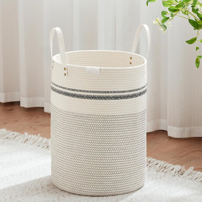 Tall Laundry Basket, Large Dirty Clothes Hamper with Leather Handle, Woven Rope Storage Basket for Blanket, Toy In Living Room, Bathroom, Bedroom - 58L White & Brown