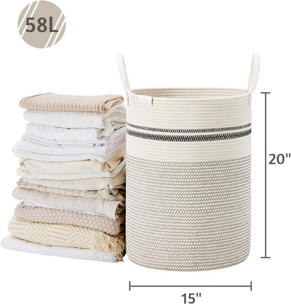 Tall Laundry Basket, Large Dirty Clothes Hamper with Leather Handle, Woven Rope Storage Basket for Blanket, Toy In Living Room, Bathroom, Bedroom - 58L White & Brown