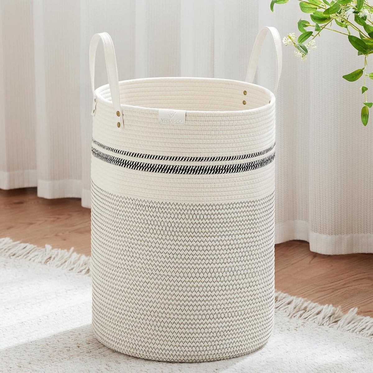 Tall Laundry Basket, Large Dirty Clothes Hamper with Leather Handle, Woven Rope Storage Basket for Blanket, Toy In Living Room, Bathroom, Bedroom - 58L White & Brown