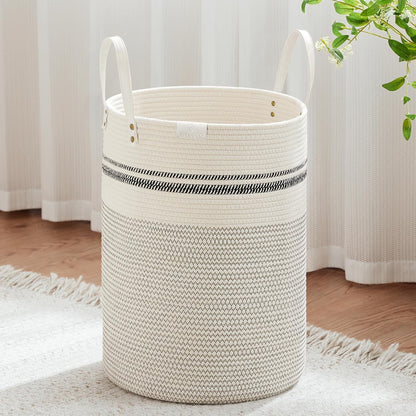 Tall Laundry Basket, Large Dirty Clothes Hamper with Leather Handle, Woven Rope Storage Basket for Blanket, Toy In Living Room, Bathroom, Bedroom - 58L White & Brown