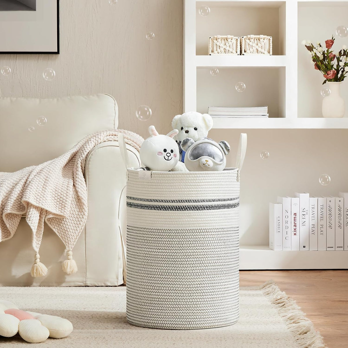 Tall Laundry Basket, Large Dirty Clothes Hamper with Leather Handle, Woven Rope Storage Basket for Blanket, Toy In Living Room, Bathroom, Bedroom - 58L White & Brown