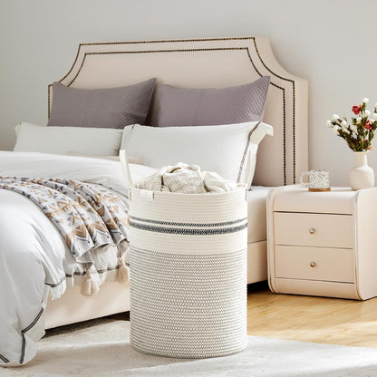 Tall Laundry Basket, Large Dirty Clothes Hamper with Leather Handle, Woven Rope Storage Basket for Blanket, Toy In Living Room, Bathroom, Bedroom - 58L White & Brown