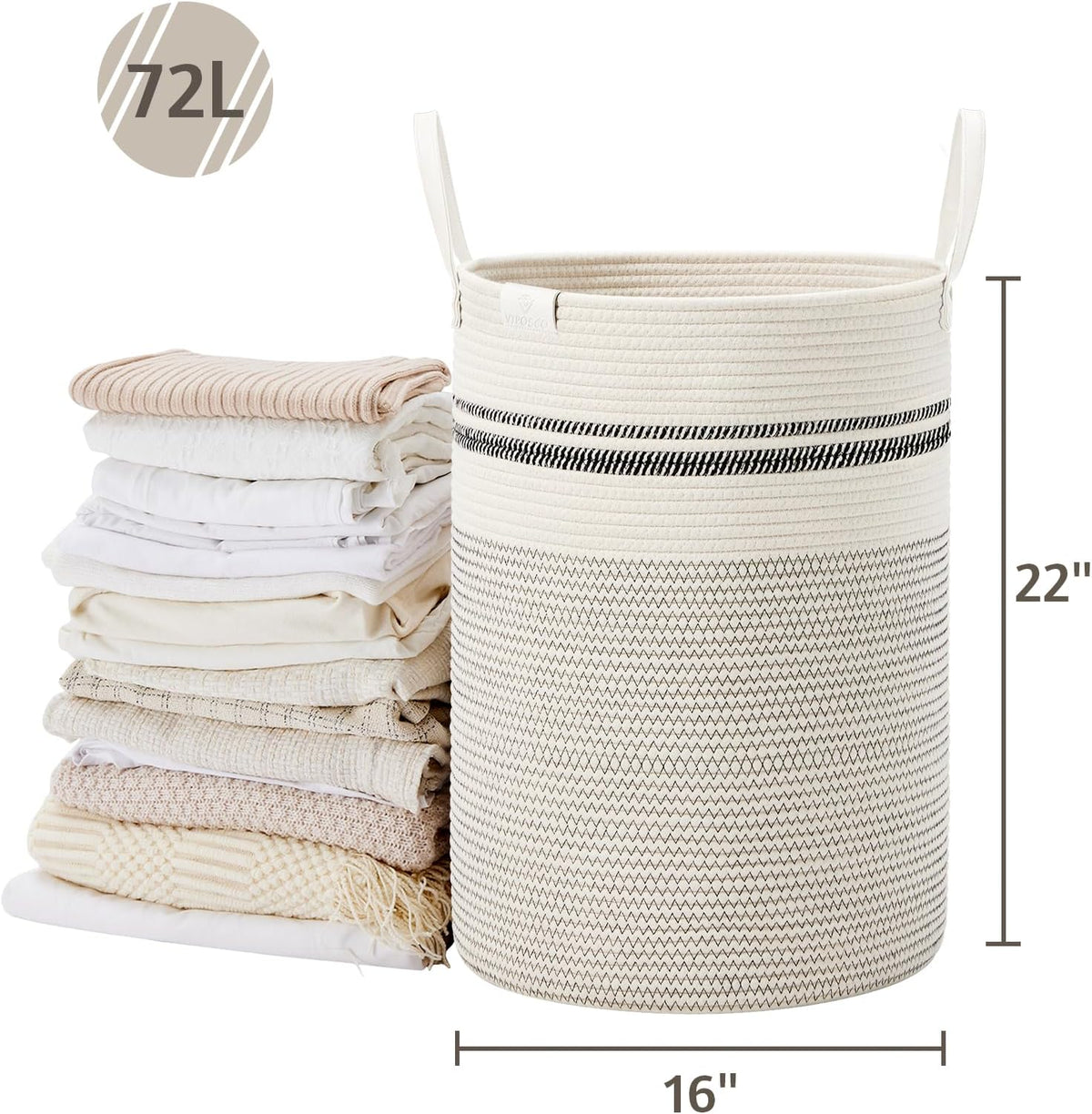 Tall Laundry Basket, Large Dirty Clothes Hamper with Leather Handle, Woven Rope Storage Basket for Blanket, Toy In Living Room, Bathroom, Bedroom - 58L White & Brown