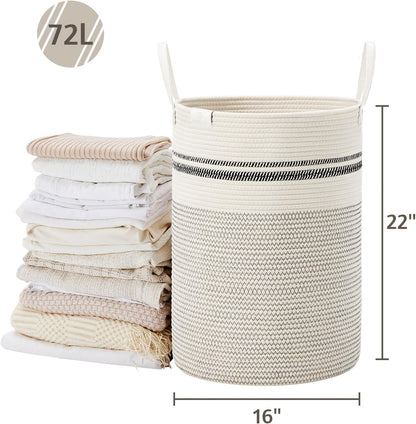 Tall Laundry Basket, Large Dirty Clothes Hamper with Leather Handle, Woven Rope Storage Basket for Blanket, Toy In Living Room, Bathroom, Bedroom - 58L White & Brown