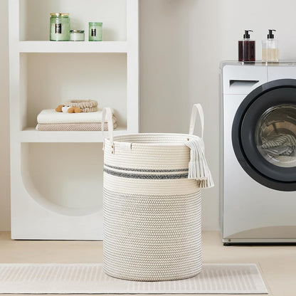Tall Laundry Basket, Large Dirty Clothes Hamper with Leather Handle, Woven Rope Storage Basket for Blanket, Toy In Living Room, Bathroom, Bedroom - 58L White & Brown