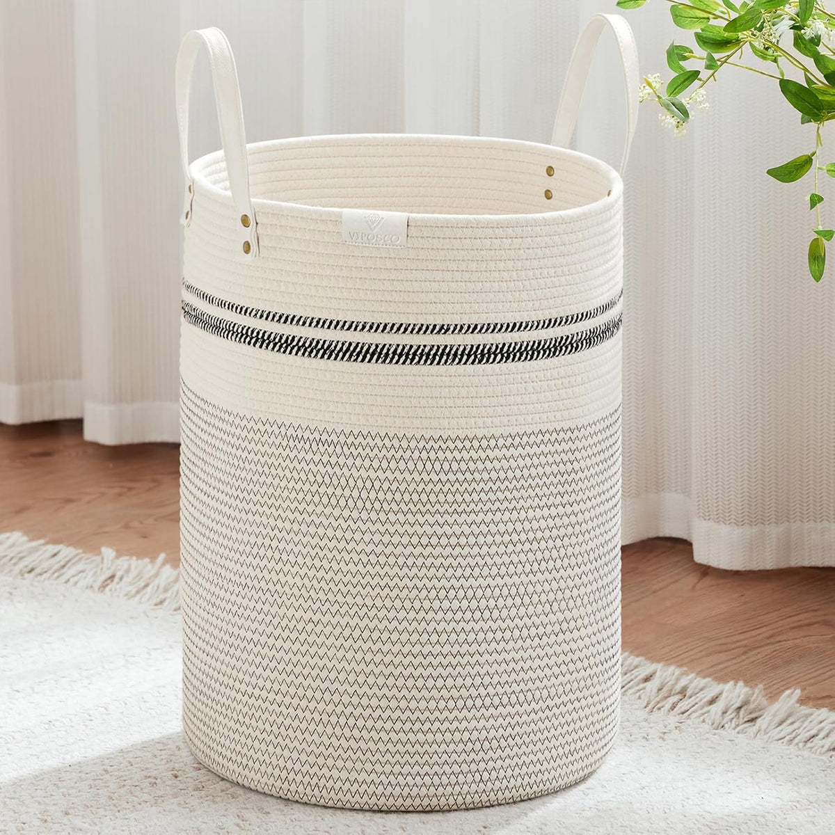 Tall Laundry Basket, Large Dirty Clothes Hamper with Leather Handle, Woven Rope Storage Basket for Blanket, Toy In Living Room, Bathroom, Bedroom - 58L White & Brown