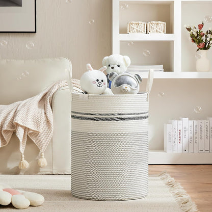 Tall Laundry Basket, Large Dirty Clothes Hamper with Leather Handle, Woven Rope Storage Basket for Blanket, Toy In Living Room, Bathroom, Bedroom - 58L White & Brown
