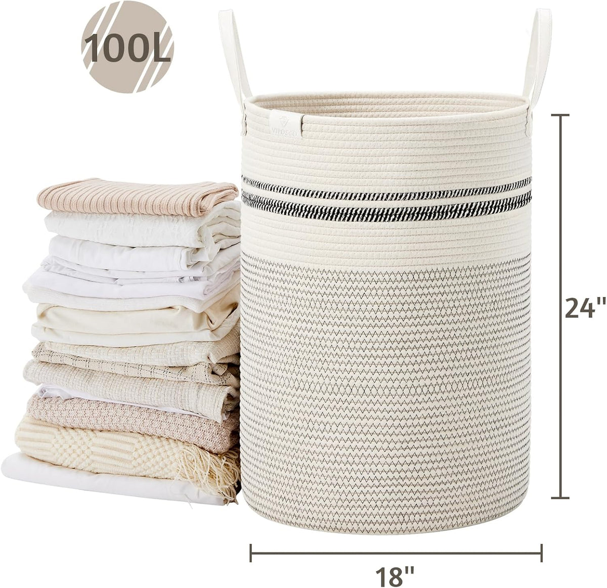 Tall Laundry Basket, Large Dirty Clothes Hamper with Leather Handle, Woven Rope Storage Basket for Blanket, Toy In Living Room, Bathroom, Bedroom - 58L White & Brown