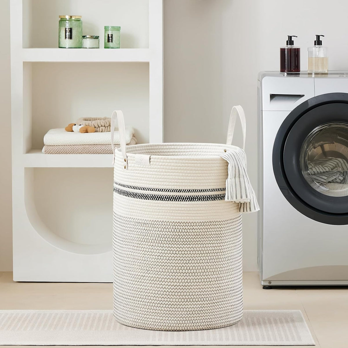 Tall Laundry Basket, Large Dirty Clothes Hamper with Leather Handle, Woven Rope Storage Basket for Blanket, Toy In Living Room, Bathroom, Bedroom - 58L White & Brown