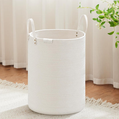 Tall Laundry Basket, Large Dirty Clothes Hamper with Leather Handle, Woven Rope Storage Basket for Blanket, Toy In Living Room, Bathroom, Bedroom - 58L White & Brown