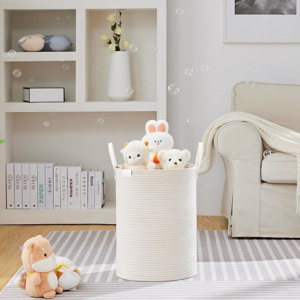 Tall Laundry Basket, Large Dirty Clothes Hamper with Leather Handle, Woven Rope Storage Basket for Blanket, Toy In Living Room, Bathroom, Bedroom - 58L White & Brown