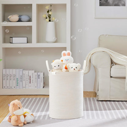 Tall Laundry Basket, Large Dirty Clothes Hamper with Leather Handle, Woven Rope Storage Basket for Blanket, Toy In Living Room, Bathroom, Bedroom - 58L White & Brown