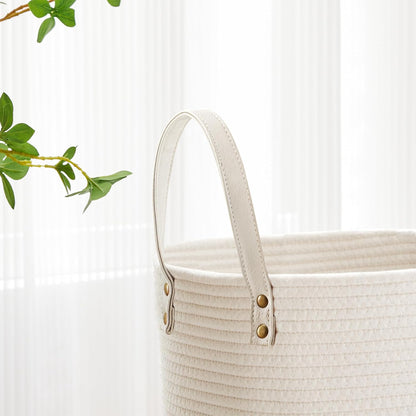 Tall Laundry Basket, Large Dirty Clothes Hamper with Leather Handle, Woven Rope Storage Basket for Blanket, Toy In Living Room, Bathroom, Bedroom - 58L White & Brown