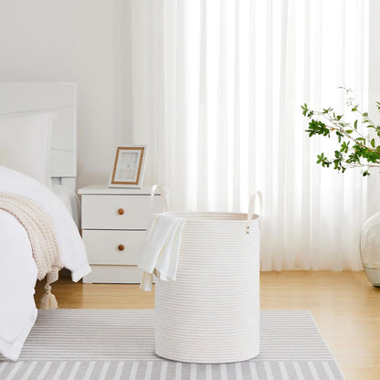 Tall Laundry Basket, Large Dirty Clothes Hamper with Leather Handle, Woven Rope Storage Basket for Blanket, Toy In Living Room, Bathroom, Bedroom - 58L White & Brown