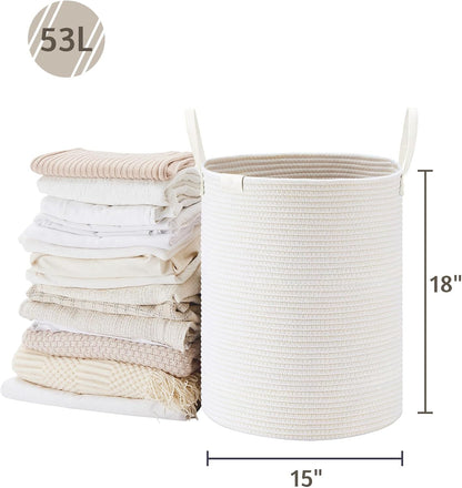Tall Laundry Basket, Large Dirty Clothes Hamper with Leather Handle, Woven Rope Storage Basket for Blanket, Toy In Living Room, Bathroom, Bedroom - 58L White & Brown