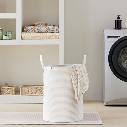 Tall Laundry Basket, Large Dirty Clothes Hamper with Leather Handle, Woven Rope Storage Basket for Blanket, Toy In Living Room, Bathroom, Bedroom - 58L White & Brown