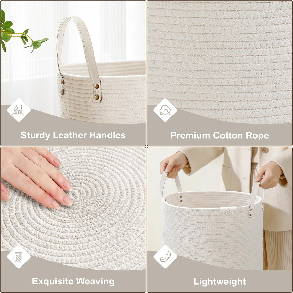 Tall Laundry Basket, Large Dirty Clothes Hamper with Leather Handle, Woven Rope Storage Basket for Blanket, Toy In Living Room, Bathroom, Bedroom - 58L White & Brown